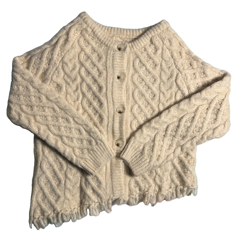 Zara Women's Cream Knit Wool Blend Asymmetrical Cardigan Sweater w Fringe